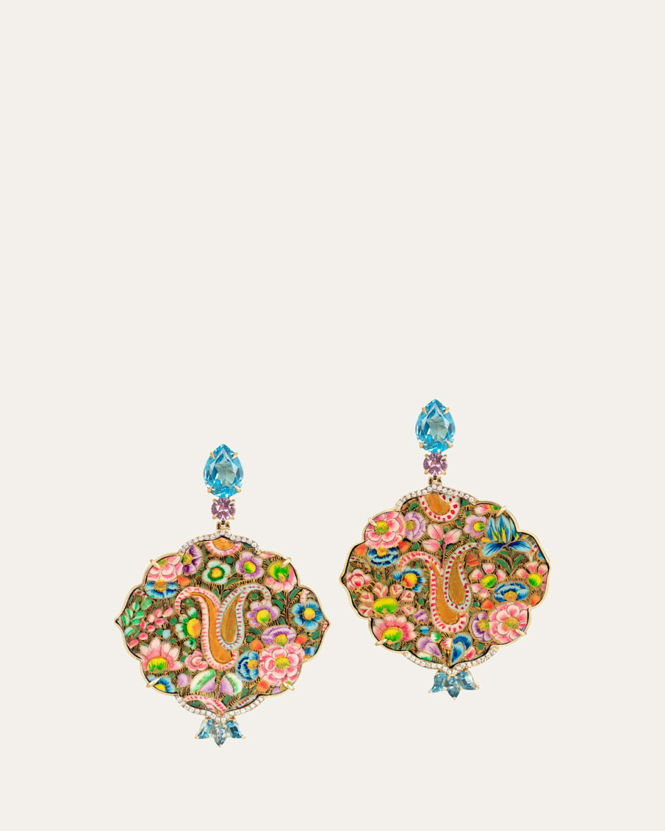 Papier Mache Earrings with Pink Sapphires, Diamonds and Blue Topaz